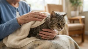 A close-up of a senior cat with stiff joints receiving a soothing waterless foam bath alternative, showcasing no-rinse foam shampoo for senior cats.