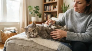 An older tabby cat relaxing on a cozy sofa while being pampered with no-rinse foam shampoo for senior cats during a gentle grooming session.