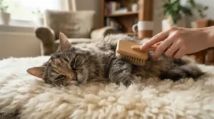 Supporting senior cat mobility with easy grooming using no-rinse foam shampoo for senior cats on a padded rug.