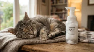 Demonstrating pump foam vs spray formats with no-rinse foam shampoo for senior cats for quiet application.