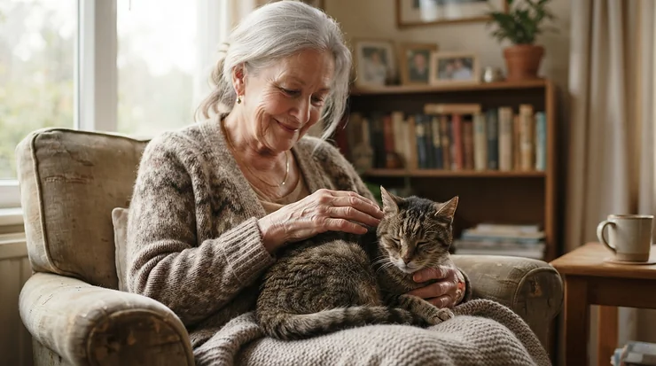A peaceful owner and cat bonding while reducing bath stress with no-rinse foam shampoo for senior cats.