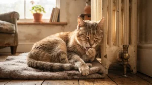 An elderly cat staying warm indoors during a cold day with a quick clean using no-rinse foam shampoo for senior cats.